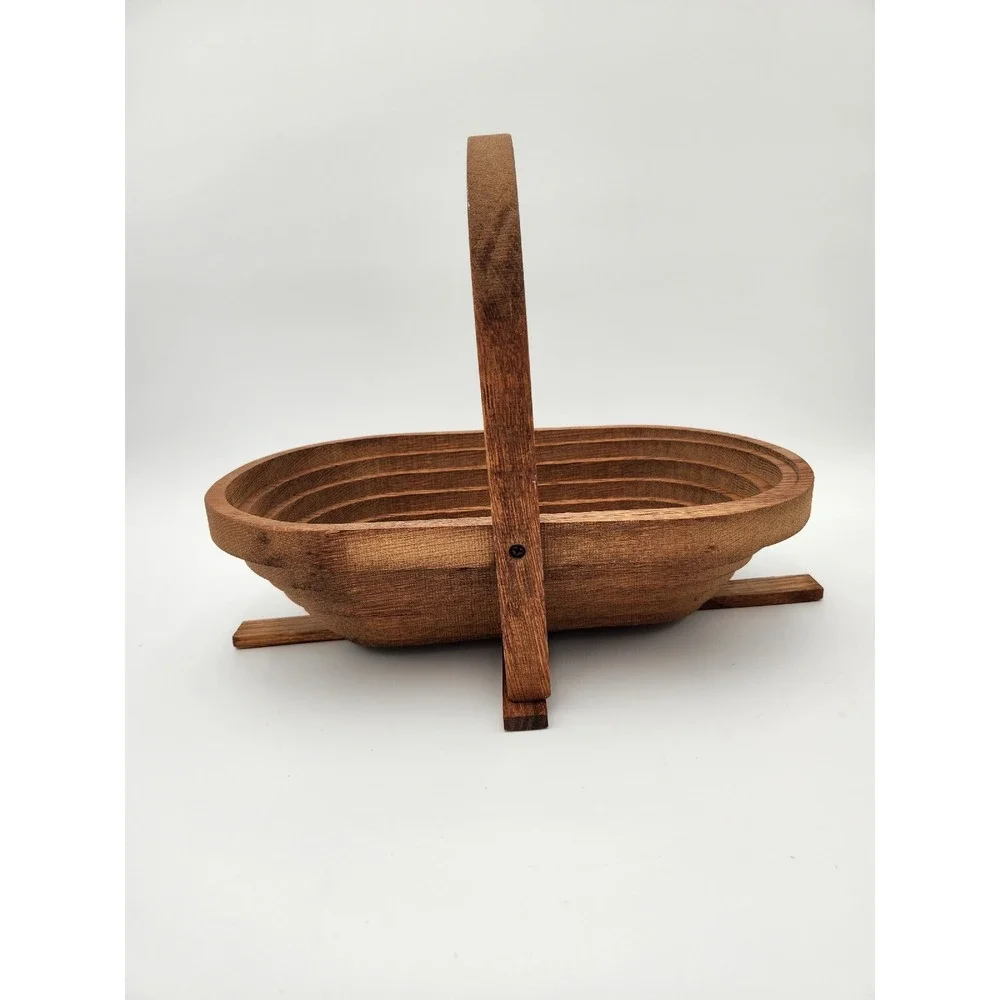 Folding Collapsible Wooden Oval Basket with Handle MCM wood vintage
